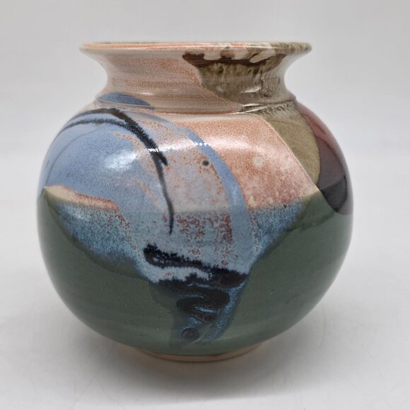 Handmade Studio Pottery Vase Signed Multi-Color Abstract  Glazed - Picture 2 of 8